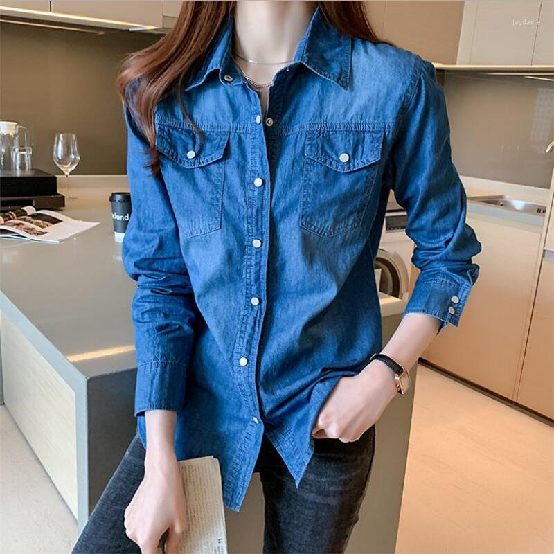 

Women's Blouses Denim Women Shirt Autumn Outer Jacket Trend Thin Bottoming Top Lapel Hidden Button Pocket Coats Female Blousas, Blue