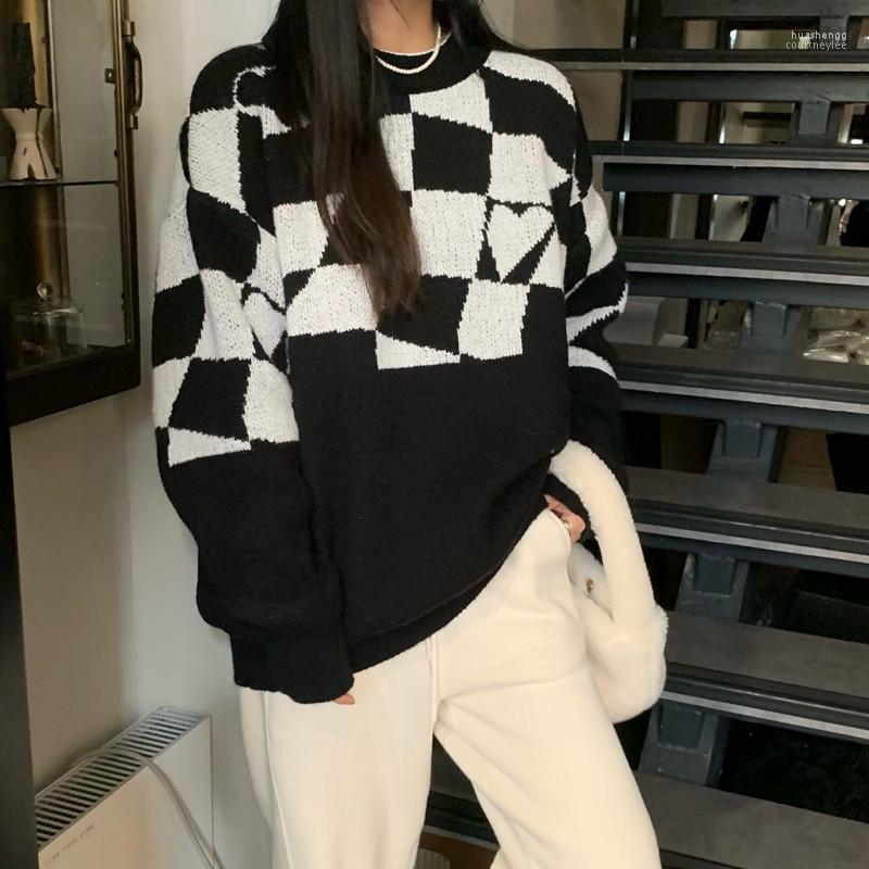 

Women's Sweaters Women's 2022 Autumn Winter Women Pullovers And Jumper Korean Style Plaid Love Patchwork Loose Knitted Sweater Female, Black