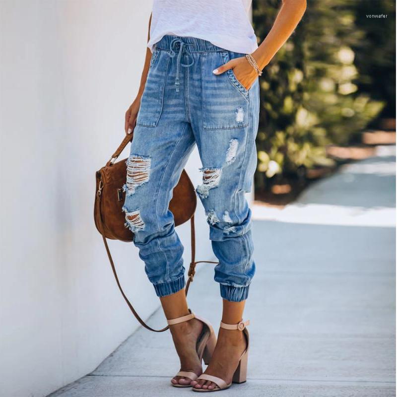 

Women' Jeans Autumn Straight Ripped Women' Trousers High Waist Elastic Lace Up Big Pocket With Holes Cords Denim Pants Mujer, Light blue
