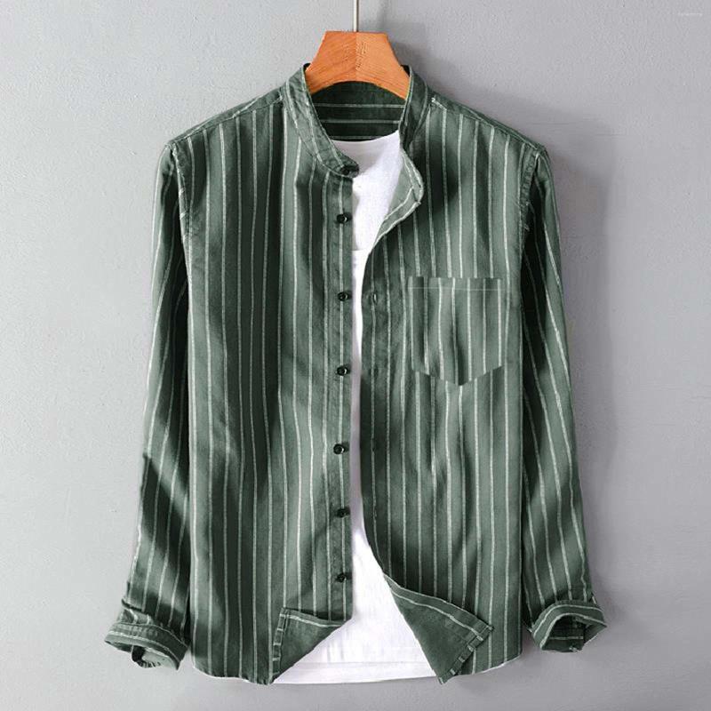 

Men's Casual Shirts Mens Shirt Male Autumn Striped Pocket Stand Collar Long Sleeve Button Blouse Camisa Masculina, Black