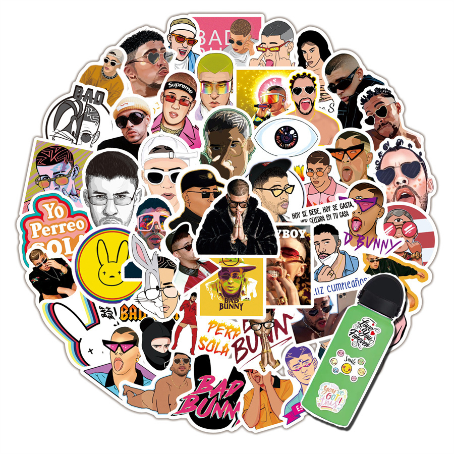 

50pcs Singer Bad Bunny stickers pack Vinyl Stickers Water Bottle Laptop Mobile Phone Skateboard Kids Adult Decals, Multi colors
