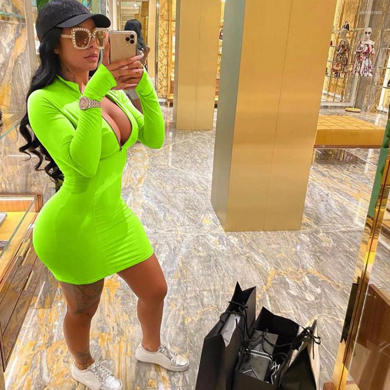 

Casual Dresses Autumn Sporty Fall Clothes For Women Zipper V-neck Streetwear Long Sleeve Mini Dress Sheath Party Bodycon, Black