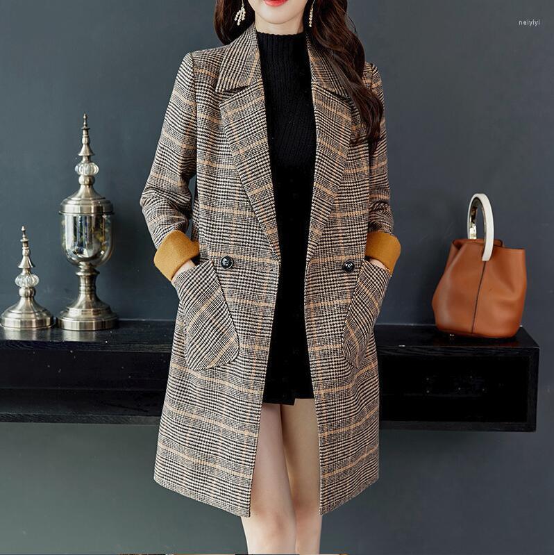 

Women' Wool 2022 Coats Women' Stitching Pocket Blended Office Long Coat Fashion Tops Ladies Slim Lapel Sleeve Robe Jacket, As photo 1