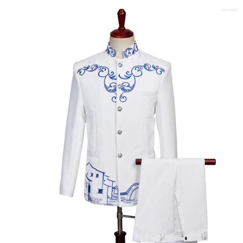 

Men's Suits White Blazer Men Chinese Tunic Suit Set With Pants Mens Wedding Costume Singer Star Style Stage Clothing Formal Dress, Black