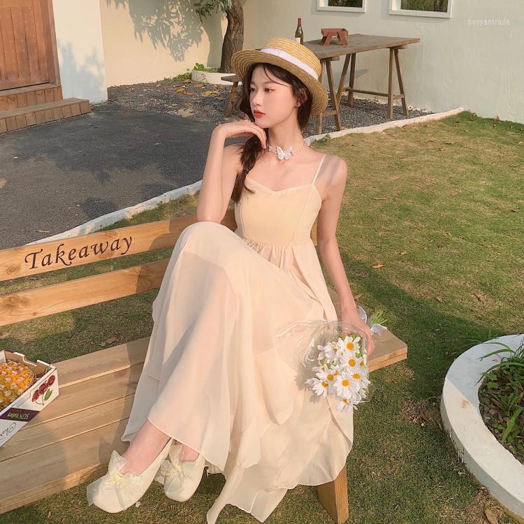 

Party Dresses Large Size Ladies' Spring And Summer Of 2022 The Strap Dress Fat French Beach Big Skirt Super Fairy Long For GirlParty, Apricot