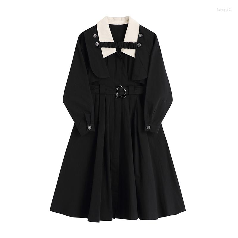 

Women' Trench Coats Spring Coat Women Long Design With Retro Black Two-Wear Metal Buckle Lantern Sleeve Belt Large Swing Windbreaker E471