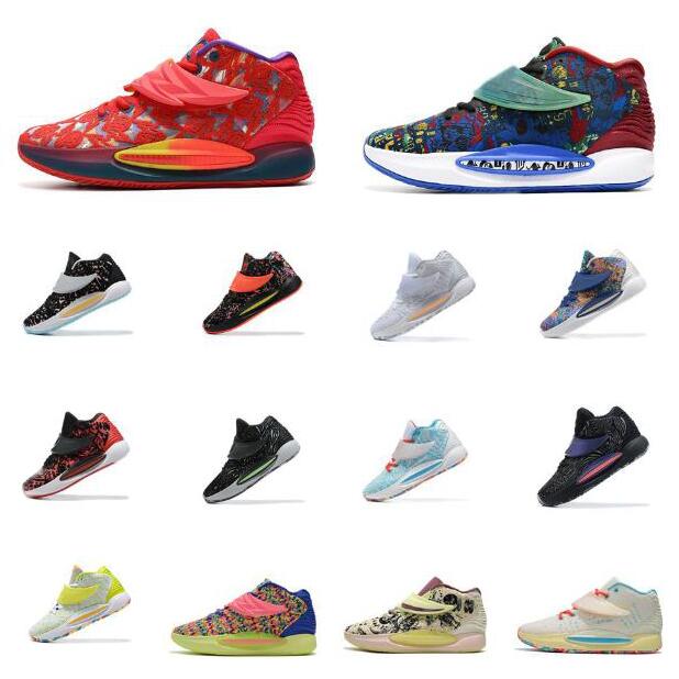

Mens kd 14 basketball shoes Kevin Durant 14s Ron English Red navy Blue USA Easter Aunt Pearl Pink Kids Womens sneakers tennis, 17#white black