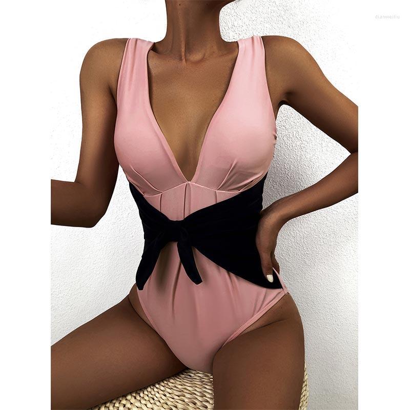 

Swimwears Zrtak Solid Deep-V Swimsuits Women Bathing Suits Patchwork Swimwear Female Summer Push Up One-Piece Bandage Bow Monokinis