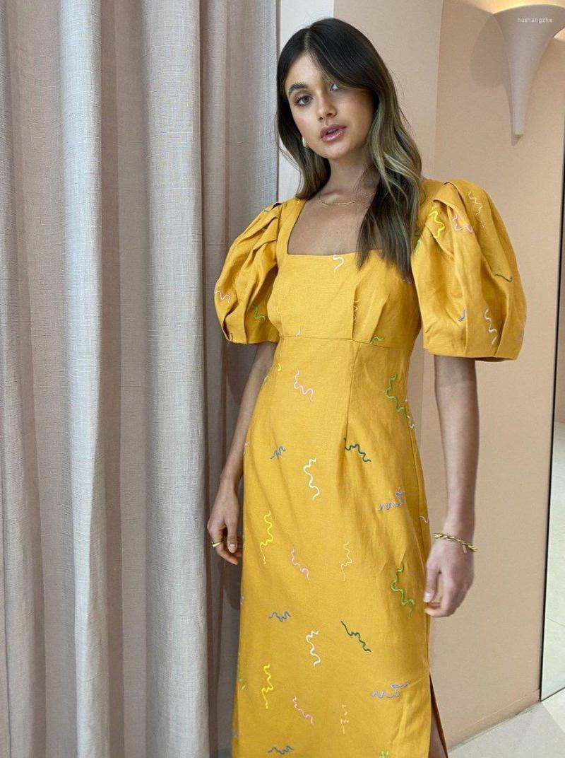 

Casual Dresses Women Square Collar Backless Short Lantern Sleeve Embroidery Split A-Line Midi Linen Dress
