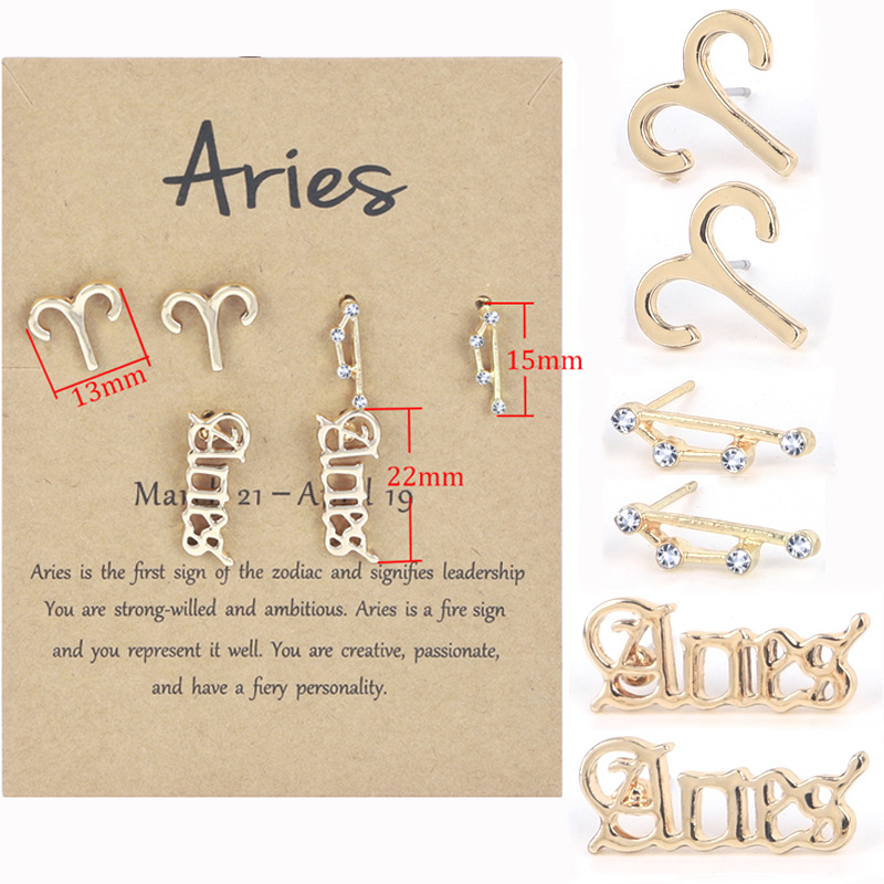 

Golden 3pair/set 12 Constellation Star Stud Earrings Rhinestone Zodiac Letter Sign Earring Fashion Jewelry Gifts