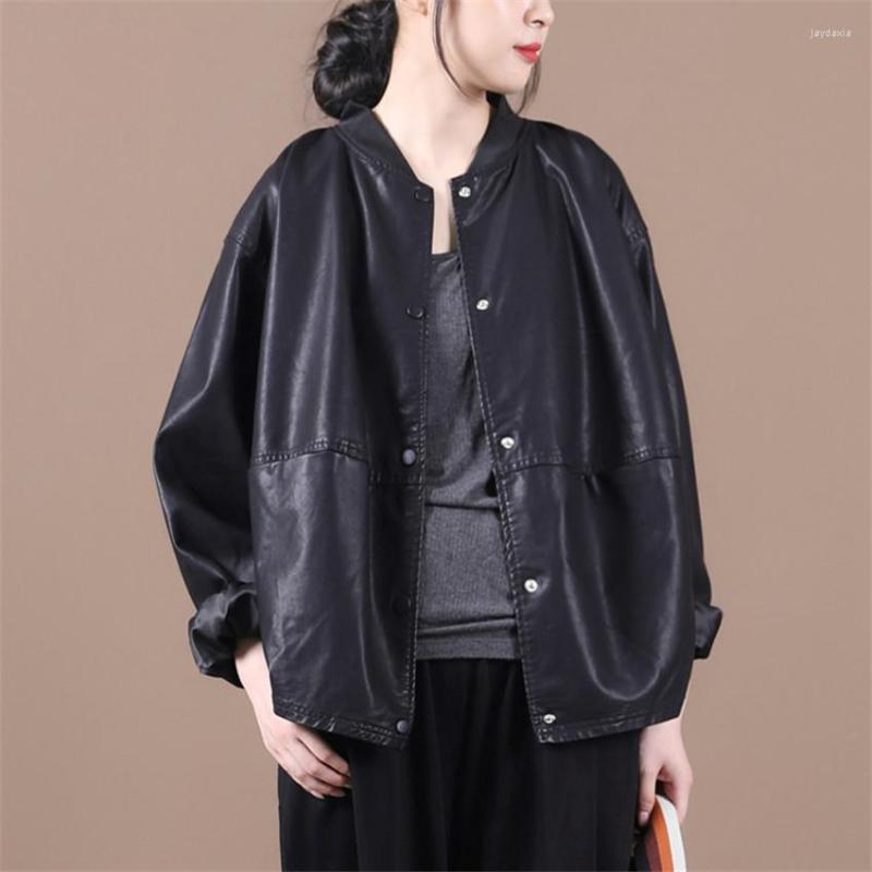 

Women's Leather 2022 Autumn Casual Women PU Jacket Slim Short Baseball Jackets Female Big Size Lady Soft Faux Coats Outwear WZ1555, Black