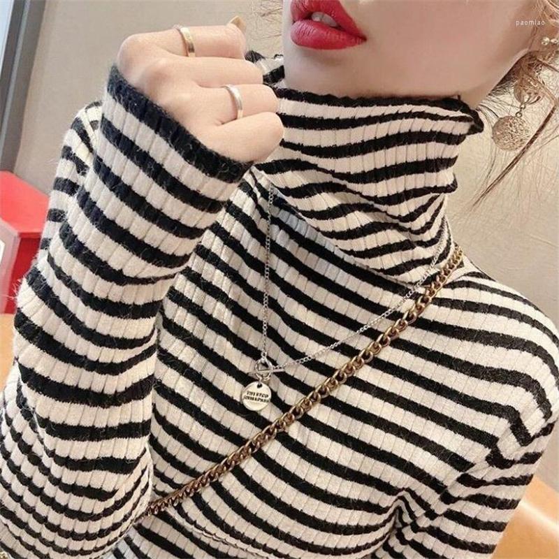 

Women's Sweaters Striped Turtleneck Bottoming Tops Female Sweater Chic Pullover Autumn Winter Basic Long Sleeve Casual Women's Knitted, Auburn
