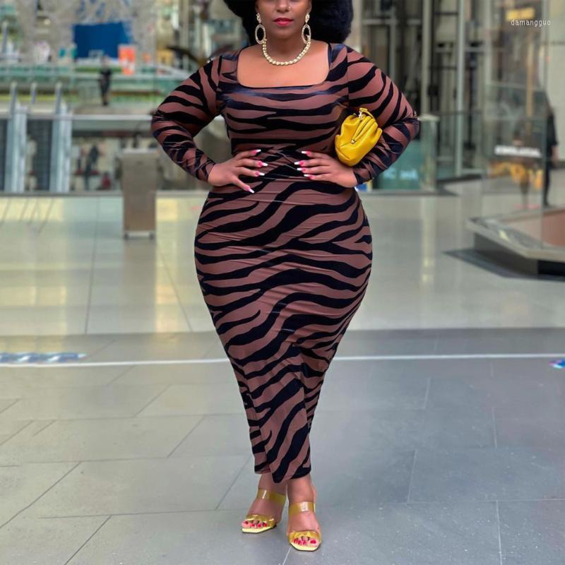 

Plus Size Dresses Oversized For Women African Ladies Striped Printed Bodycon Square Neck Ankle Length Elegant Evening Night Club Vestidos, African dress