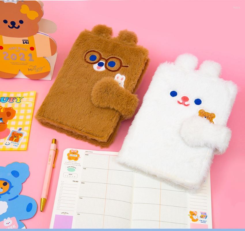 

Card Holders 90PCS Bear Diary Book Student NoteBook Travel Planner Notepad Plush Cover Girls Journal Korea Holder Girl Handbook, White