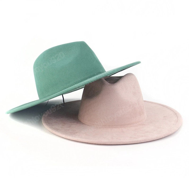 

9.5cm Wide Brim Suede Fedora Hat For Women Soft Shaped Men Panama Jazz Hat Fashion Pink Wedding Decoration Dress Cap