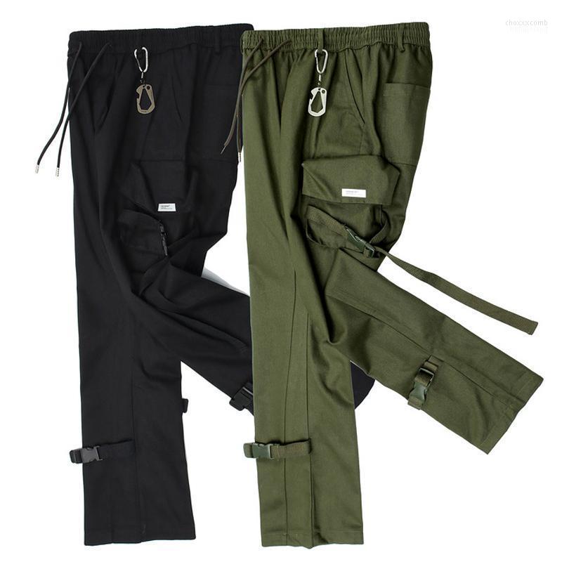 

Men's Pants Men's Male Ribbon Reflective Jogger Men HipHop Drawstring Joggers Streetwear Multi-Pocket Cargo Paratrooper Trousers, Black