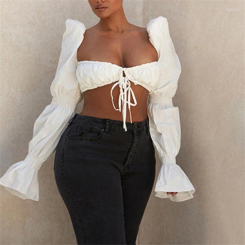 

Women' Blouses White Puff Sleeve Women Blouse Shirred Tie Front Top Elegant Sexy Streetwear Shirts Backless Crop Tops Fashion Femme Blusas