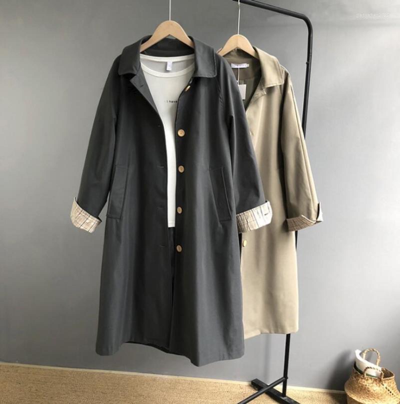 

Women's Trench Coats Fashion Spring Windbreaker Jacket 2022 Autumn Simple Retro Cuff Hit Color Single-breasted Long Women's, As photo 2