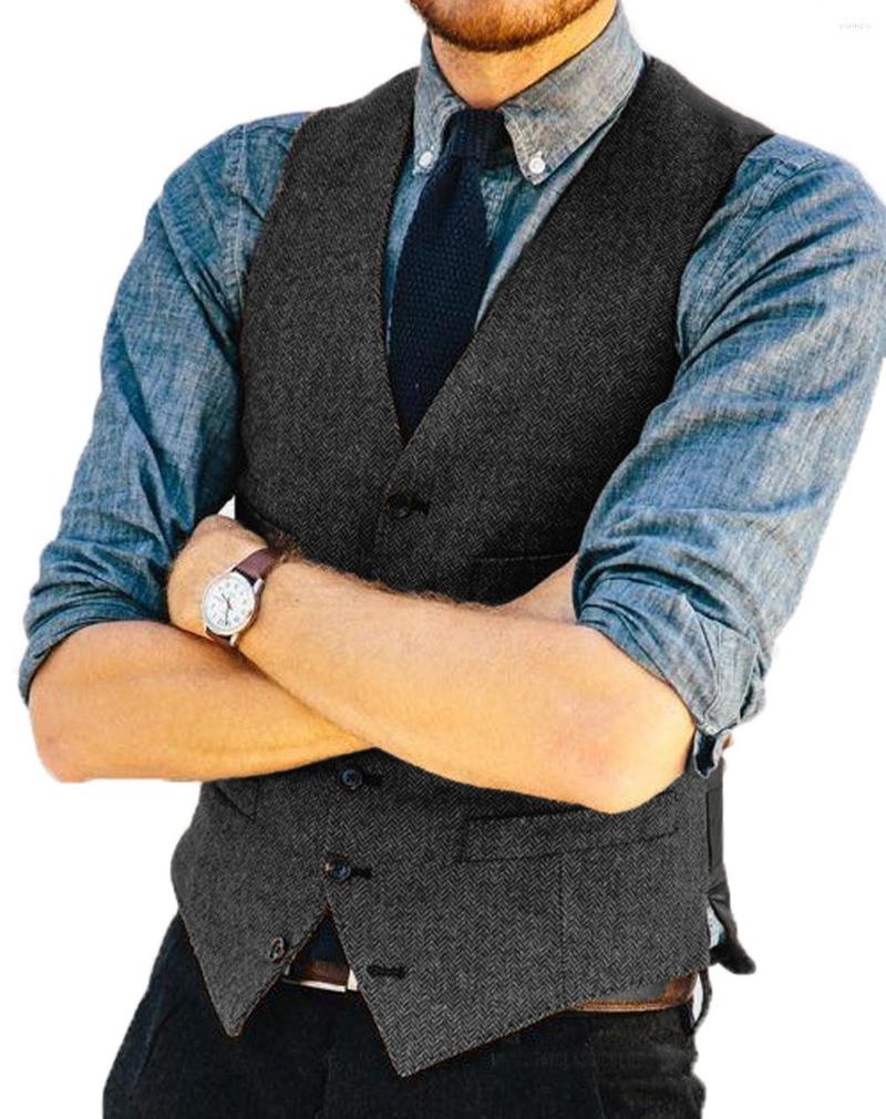 

Men's Vests Men‘s Suit Vest Herringbone Tweed Waistcoat Jacket Slim Fit Formal Business Groomman Clothing For Wedding, Brown