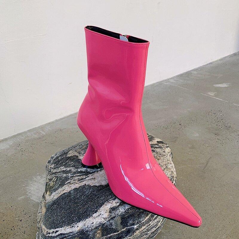 

Boots Women Candy Color Ankle Patent Leather Fashion Thin High Heels Shoes Pointed Toe Side Zipper Heel 2022S Short, Black