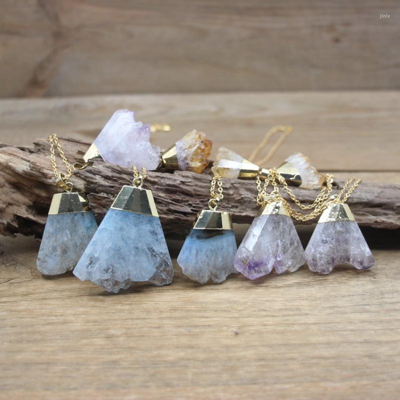 

Pendant Necklaces Raw Amethysts Citrines Geode Druzy Pendants Gold Chains Healing Crystal Natural Quartz Drusy Charm Necklace Women Jewelry
