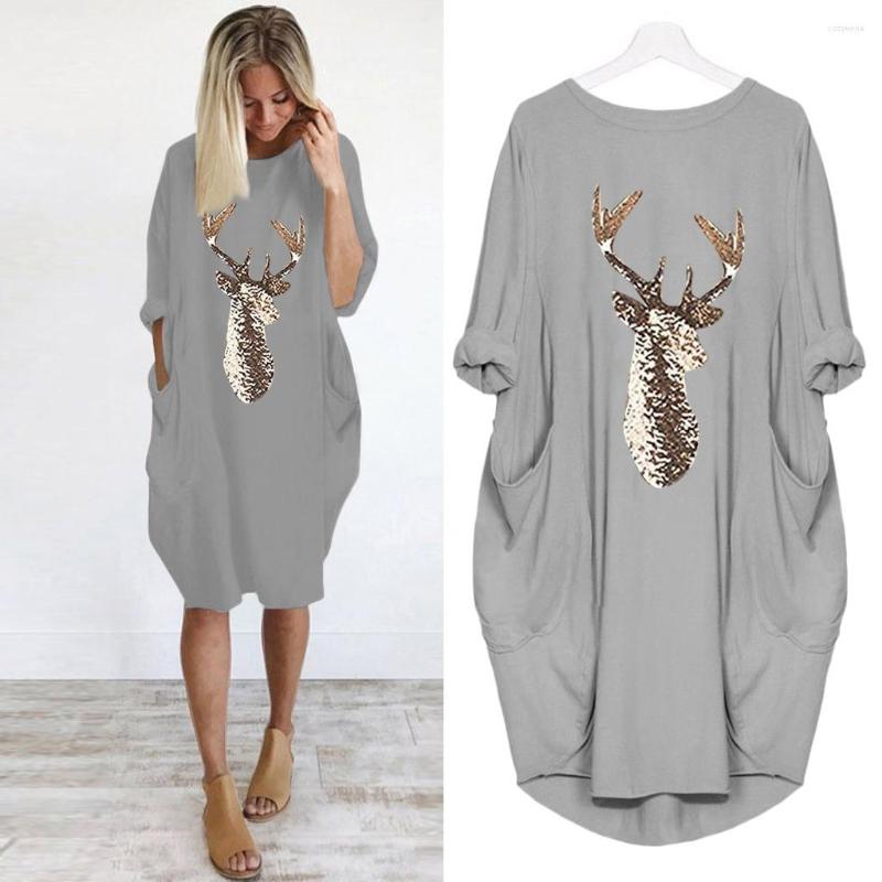 

Casual Dresses Stylish Bar Women Autumn Winter Dress Festival Christmas Tops Gold Reindeer Blouse Xmas Knee-length Plus Size 5xl, Gray