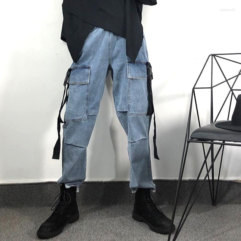 

Men' Jeans 2022 Fall Fashion Men' Multi-pocket Light Blue Cargo Pants Loose Straight High Quality Ruffled Trousers