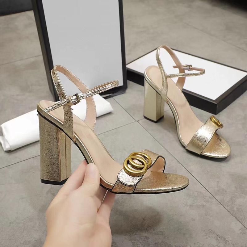 

High Heel Sandals Summer Slippers Chunky Classic Ladies Top Leather Party Fashion Metal Double Buckle Designer Sexy With Box Heel Plus Size 10Cm 35-42, Red