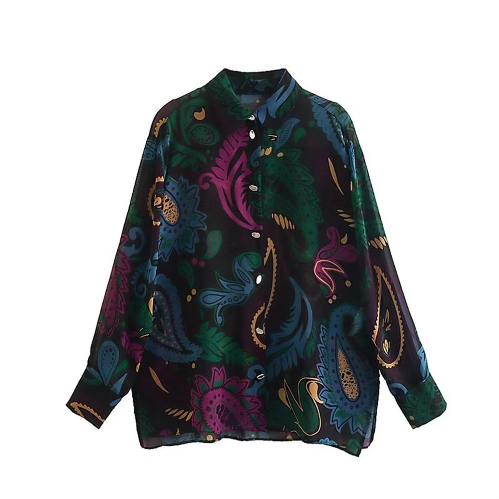 

Women's shirt New summer lapel single breasted loose vintage translucent printed blouse top, Multi