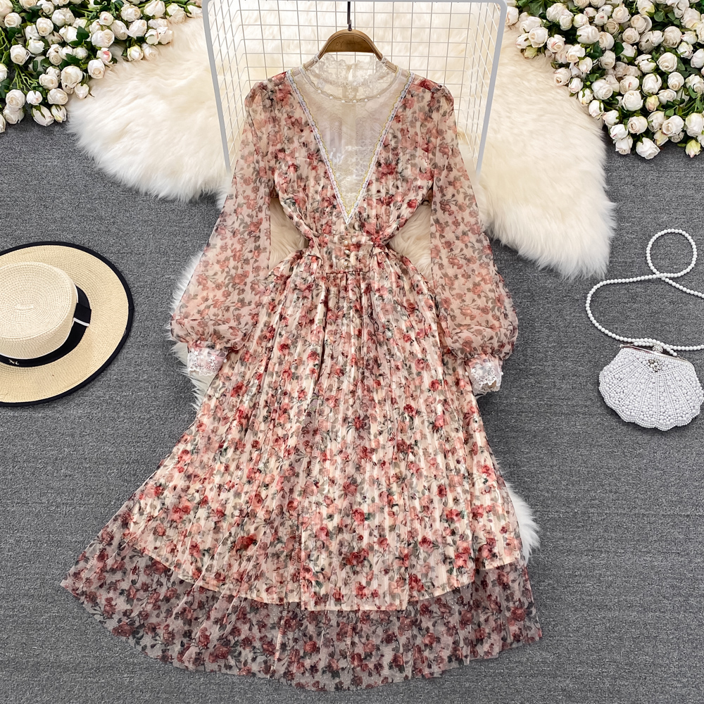 

V-neck lace patchwork floral chiffon dress Korean version waist closing long sleeve temperament gentle wind a-line large hem long skirt, Decor