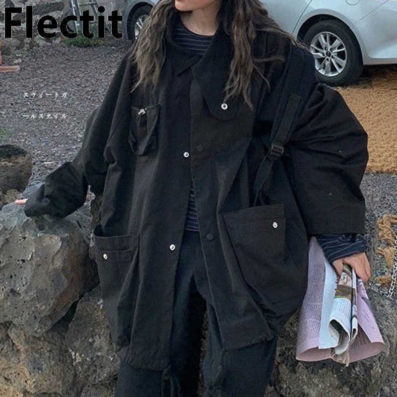 

Women's Jackets Flectit Black Windbreaker With Utility Pocket Snap Button Oversized Cargo Jacket Y2K dent Girl Womens Outerwear Coats T221008