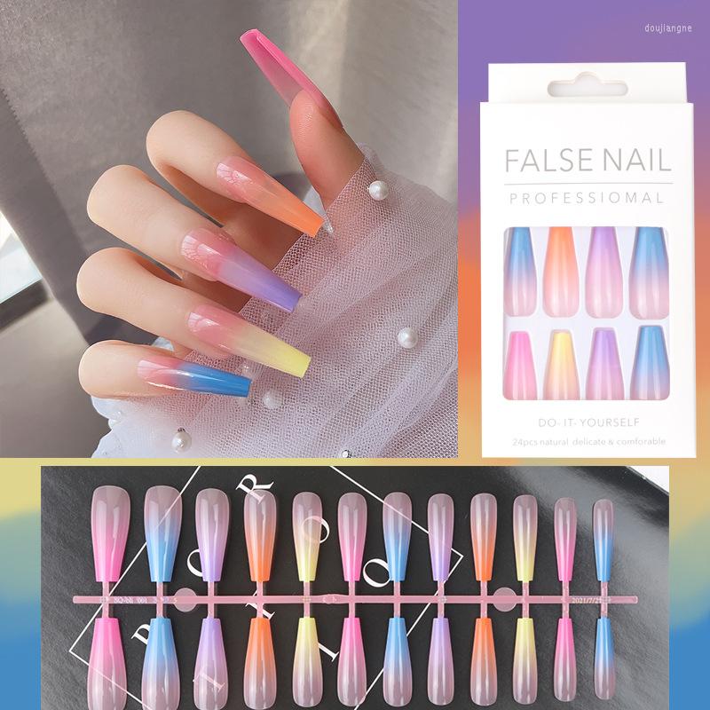 

False Nails 24P Rainbow Nail Five Color Gradient Long Ballet Reusable Press On Fake Art Wearable Detachable With Glue, Cblcy-01-nails art