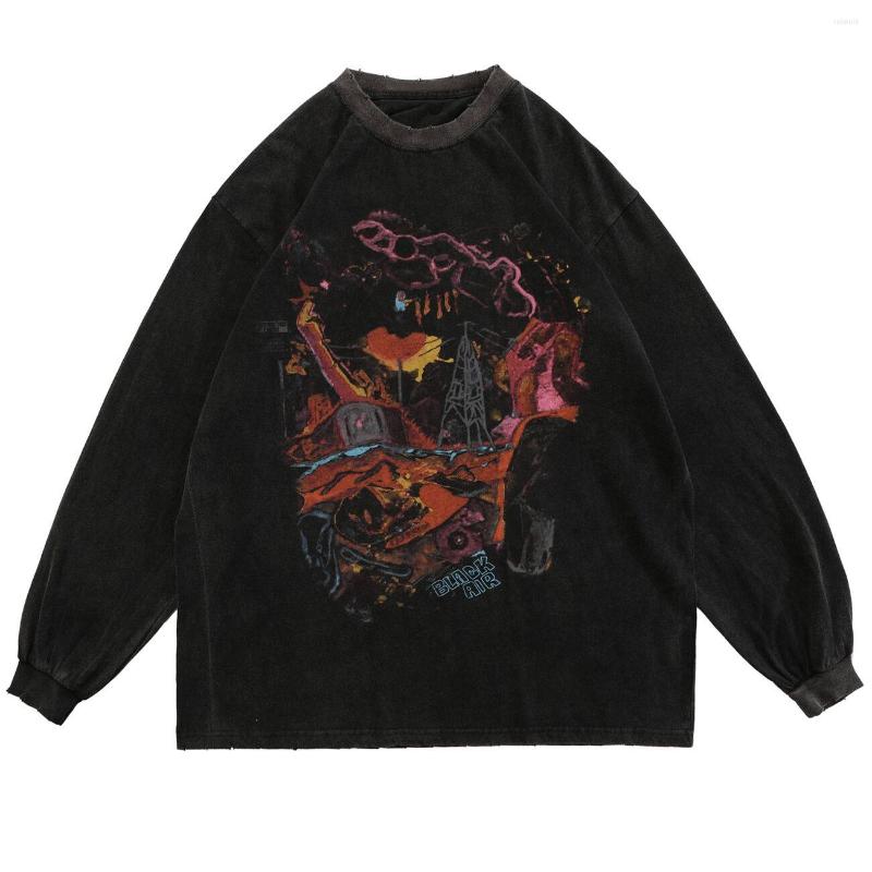 

Men' T Shirts LACIBLE Hip Hop Oversize Vintage Washed T-Shirt Streetwear Harajuku Ripped Graphic Pullover 2022 Autumn Cotton Long Sleeve, Black