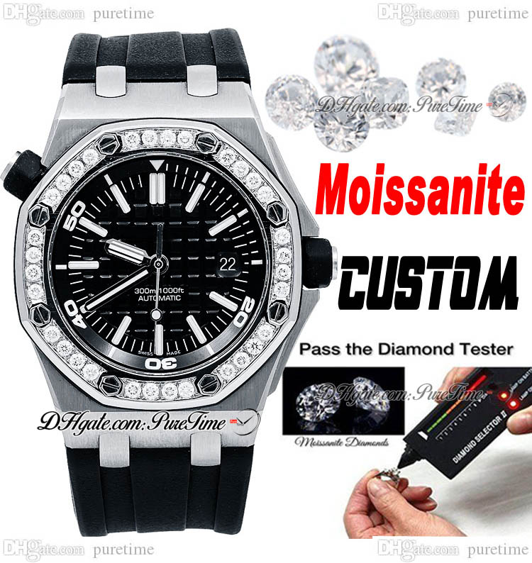 

Custom Moissanite Diamond Bezel A3120 Automatic Mens Watch 42mm 1571 Black Textured Dial Rubber Strap Super Edition Watches Puretime A1