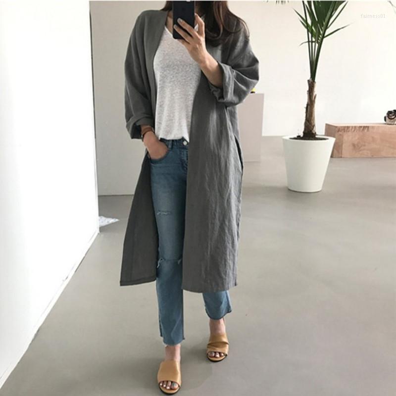 

Women's Trench Coats 2022 Summer Solid Color Linen Long Sunscreen Cardigan Casual All Match Loose Full Sleeve Women FT343, Photo color