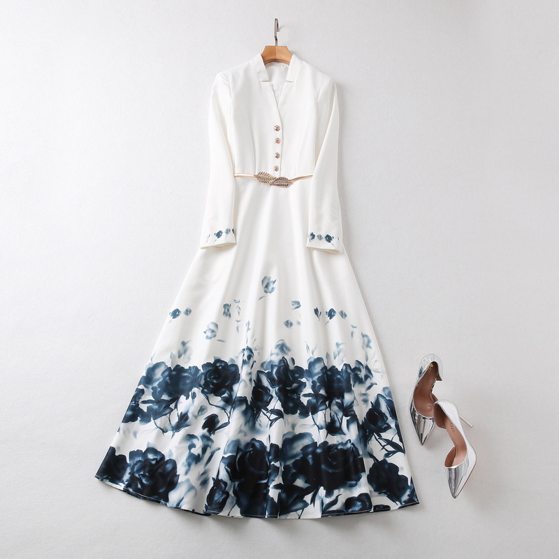

2022 Autumn V Neck Contrast Color Ink Print Belted Dress White Long Sleeve Buttons Mid-Calf Midi Casual Dresses S2O080116 Plus Size XXL
