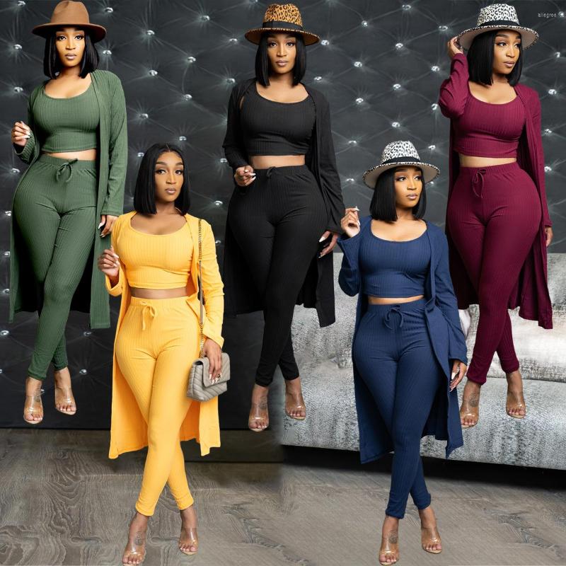 

Women' Two Piece Pants 18AC8312 Spring 2022 Womens Fashion High Elastic Pit Strip Cardigan Long Coat Trousers Crop Top Sexy Three-piece, 18ac8312black