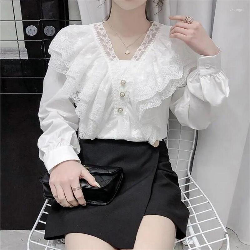 

Women's Blouses Lace Pullover Chiffon Shirt Women's V-neck Long-sleeved Beaded Loose Blusas Bottoming Feminine Tops Camisas Mujer, White