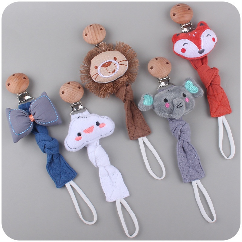 

Newborn Pacifier Clips Chains Wooden Teether Cotton And Linen Ribbon Baby Pacifier Chain Cartoon Bowknot Cloud Lion Fox Elephant Animal Kids Chew Toys
