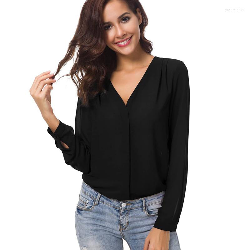 

Women's Blouses 2022 Spring Chiffon Shirts Chic Long Sleeve V-Neck Solid Slim Blouse Casual Office Lady Tops Blusas, Blue