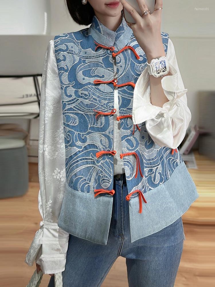 

Women' Vests Spring And Autumn Chinese-Style Sleeveless Top Stand Collar Single-Breasted Denim Embroidery Fashion Elegant Lady Vest -XL, Blue