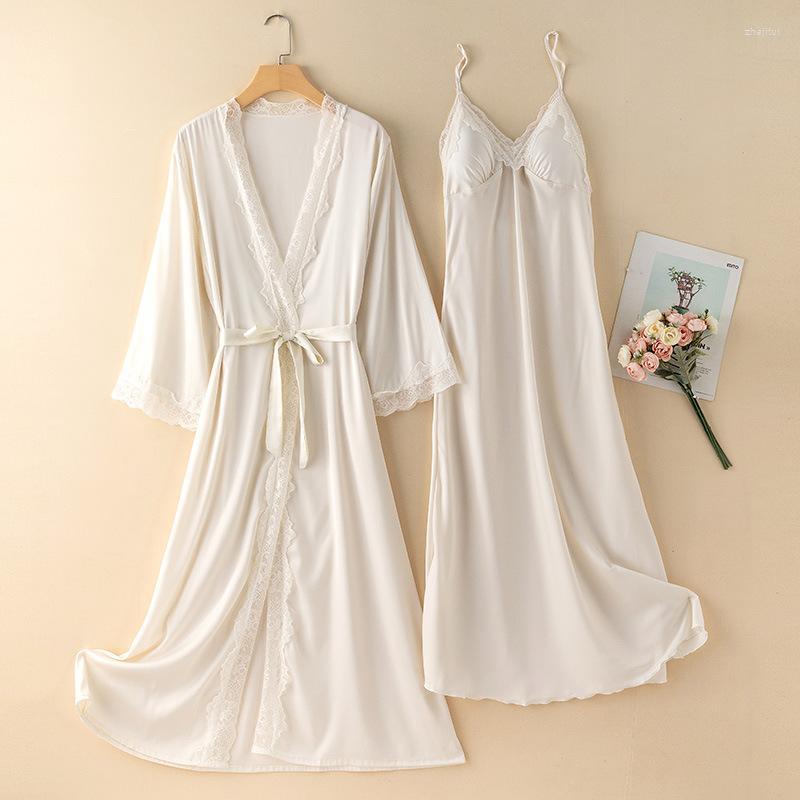 

Women's Sleepwear Women's Spring Summer Satin Robe Sets Gown Sexy V-Neck Women Long Camisole Nightgown Lace Sweet Home Dress With Bra, Color-2
