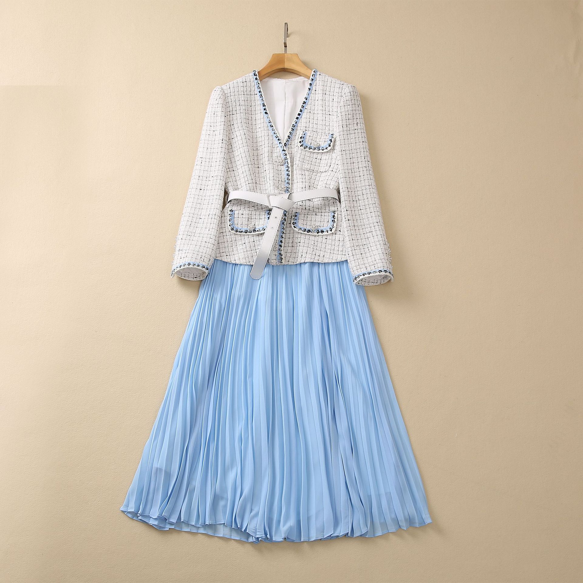 

2022 Autumn V Neck Tweed Panelled Pleated Dress Contrast Color Blue Long Sleeve Belted Mid-Calf Midi Casual Dresses S2O080115 XXL