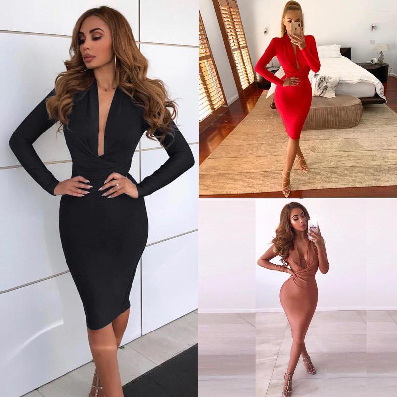 

Casual Dresses Ladies Boho Dress 2022 Fall Winter Deep V-Neck Sexy Package Hips Women' Fashion Long Sleeve Bodycon Midi Vestidos, Black