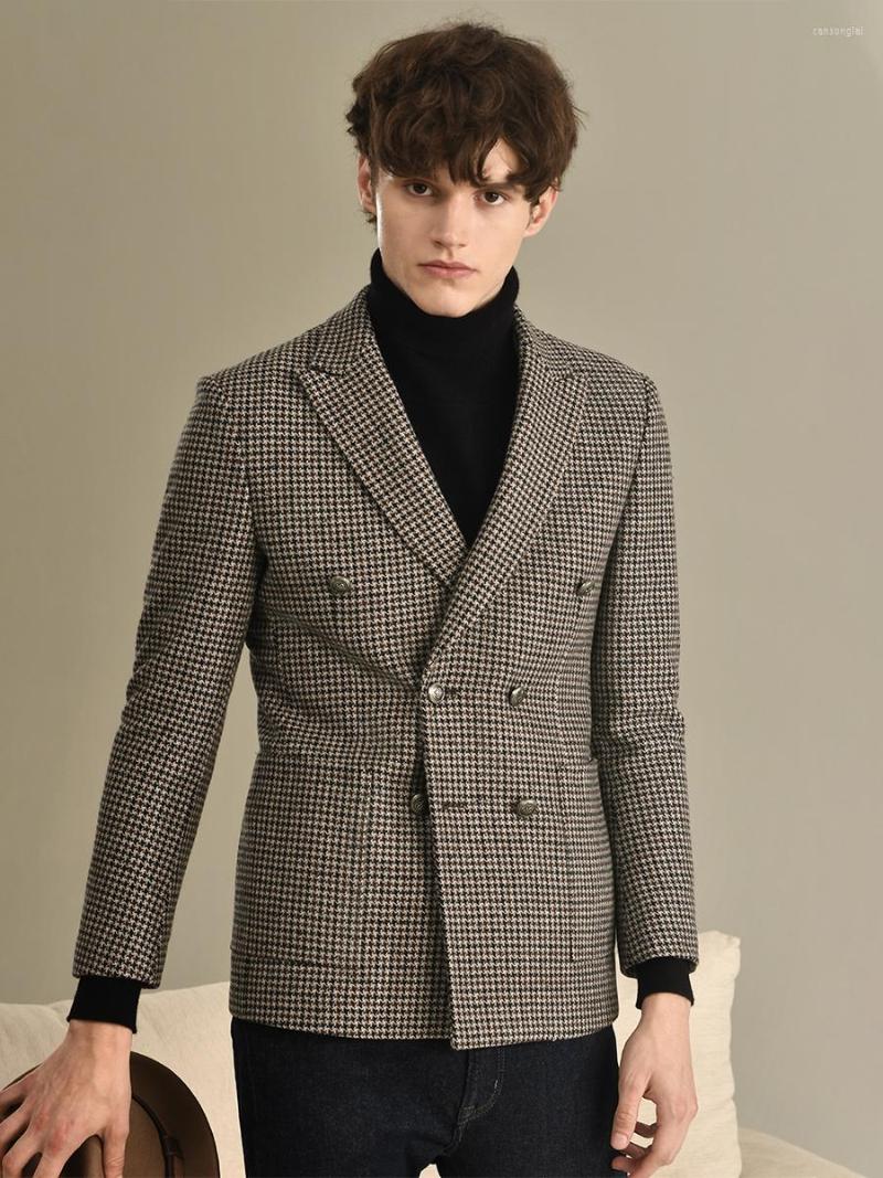 

Men's Suits 56.3% Wool Double Breasted Men Blazer Thick Fashion Brown Plaid Slim Fit Full Sleeve Jackets Casual Young Man Clothing 56, Blazer only