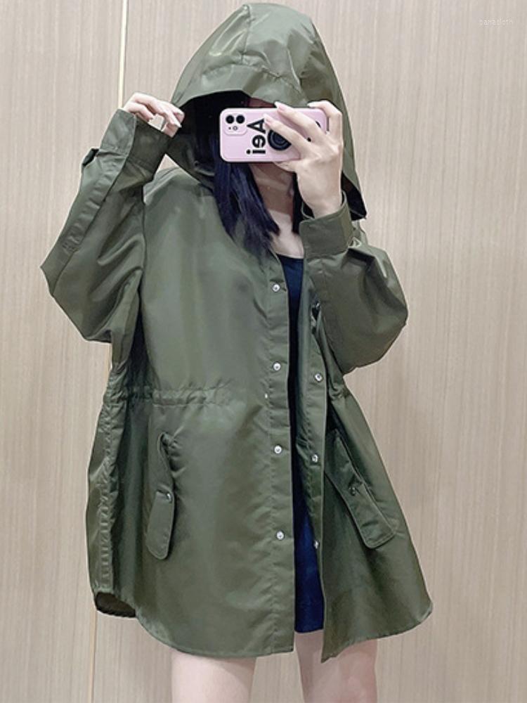 

Women's Trench Coats Autumn Winter Solid Color Waterproof Hooded Drawstring Women Casual Jacket Coat Windbreaker, Army green