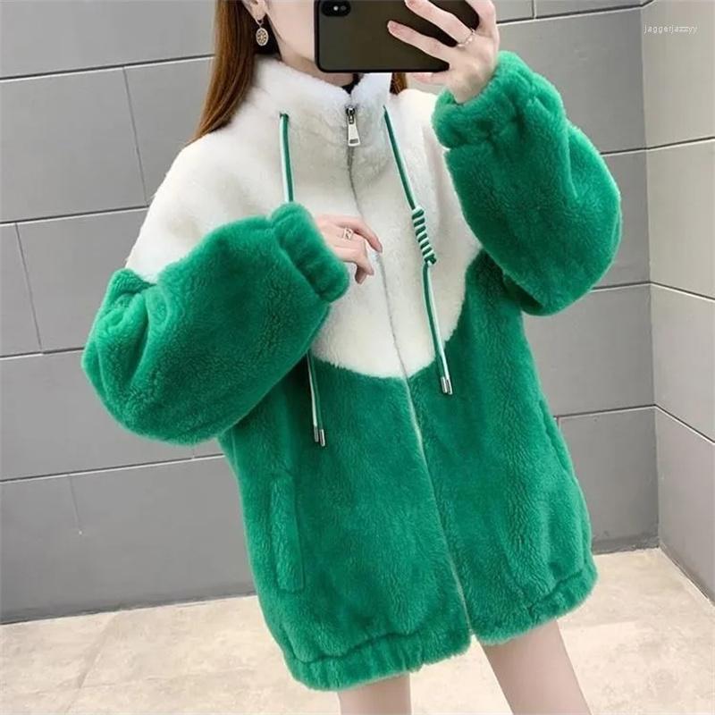 

Women's Fur 2022 Imitation Lambwool Jacket Women Autumn Winter Fleece Plush Coat Loose Zip Cotton Lined Warm Faux Fluff Outerwear, Green cotton lined
