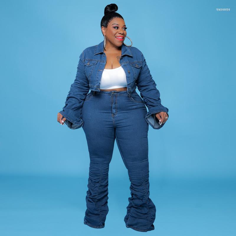 

Women's Two Piece Pants Women's RMSFE 2022 Large Women Clothing Autumn And Winter Denim Long Sleeve Lapel Top Shrink Pleated Pile, Blue