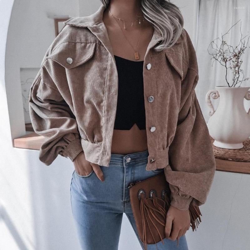 

Women' Jackets 2022 Long Sleeve Women Corduroy Short Jacket Solid Color Button Pocket Crop Coat Puff Outwear Pockets Top, Blue