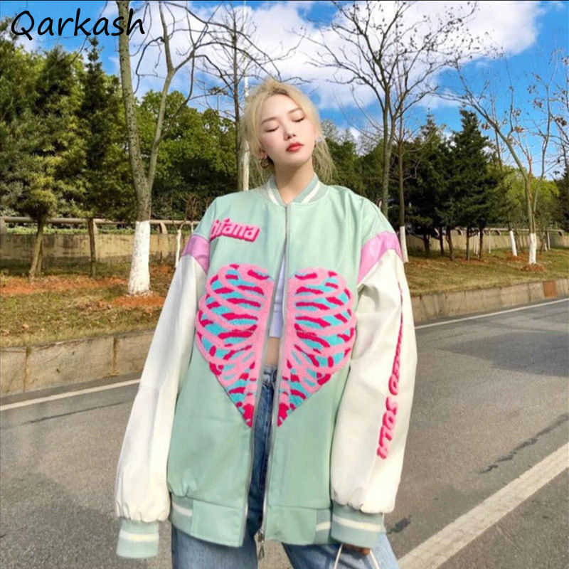 

Women' Jackets Women Basic Jackets Green Heart Print Harajuku Baseball Uniform dents All-match Outwear Fashion Bomber Zipper Loose Chic Coat T221008, Green without lining